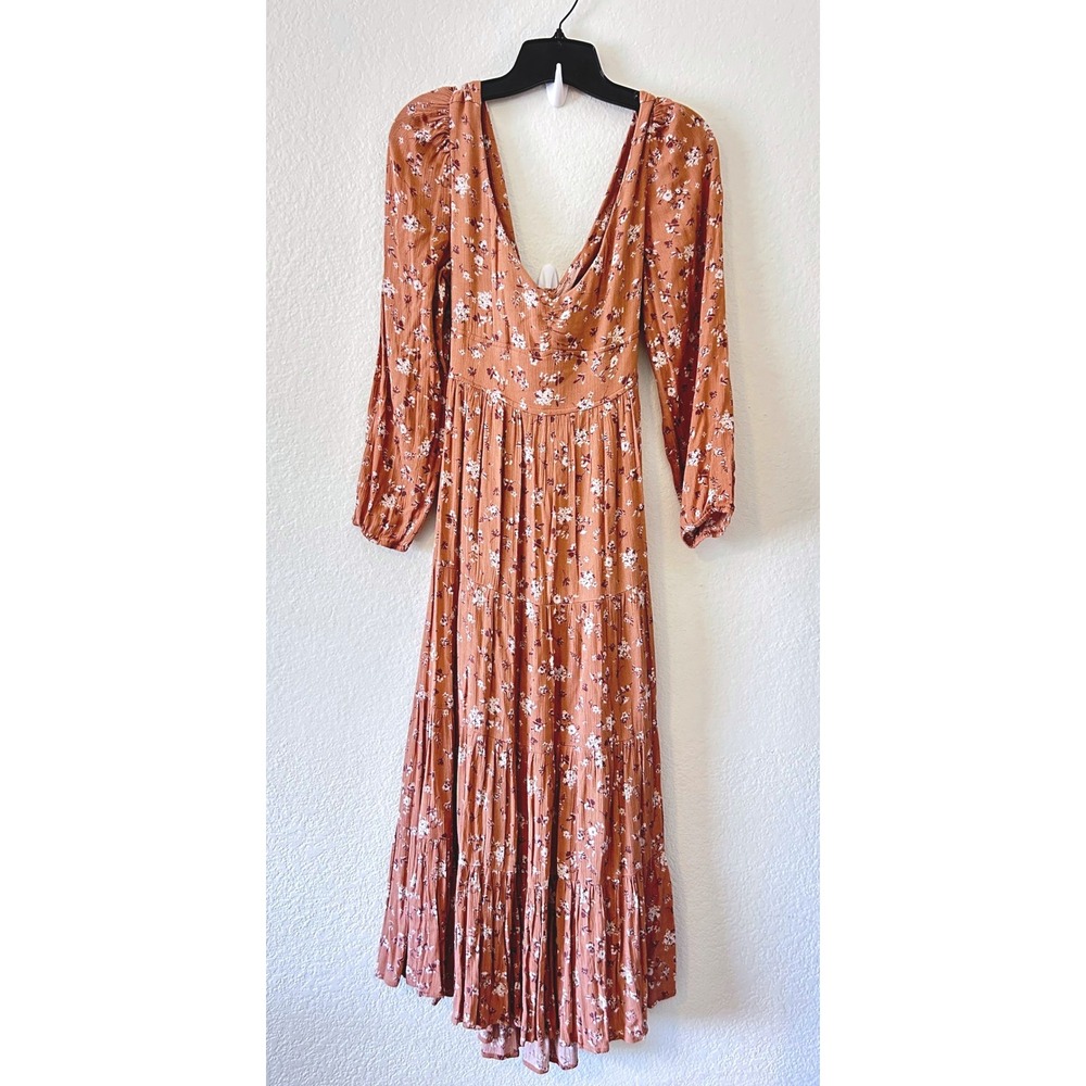 Boho Western Hippie Floral Maxi Dress Forum Rust‎ V-Neck Tie Back Cutout SZ S